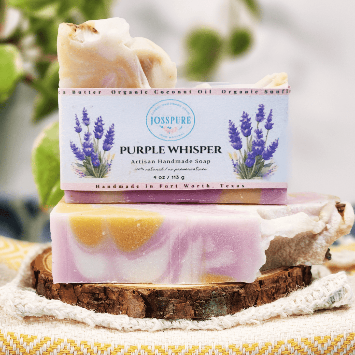 Lavender Mild Shea Butter Soap by JOSSPURE with natural purple and yellow swirls and lavender illustrations