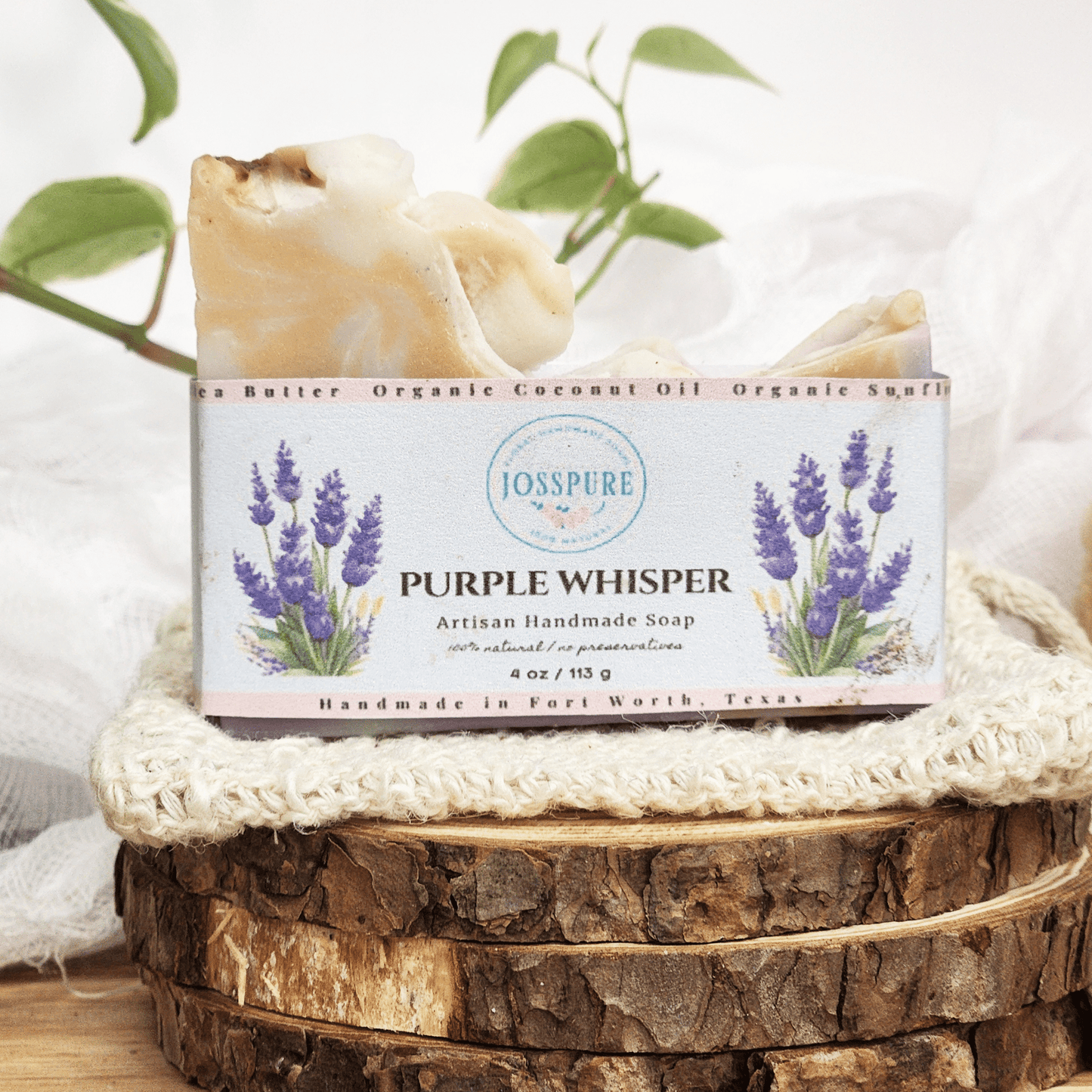 Lavender Mild Shea Butter Soap by JOSSPURE Artisan Handmade soap with organic ingredients on wooden and knitted display