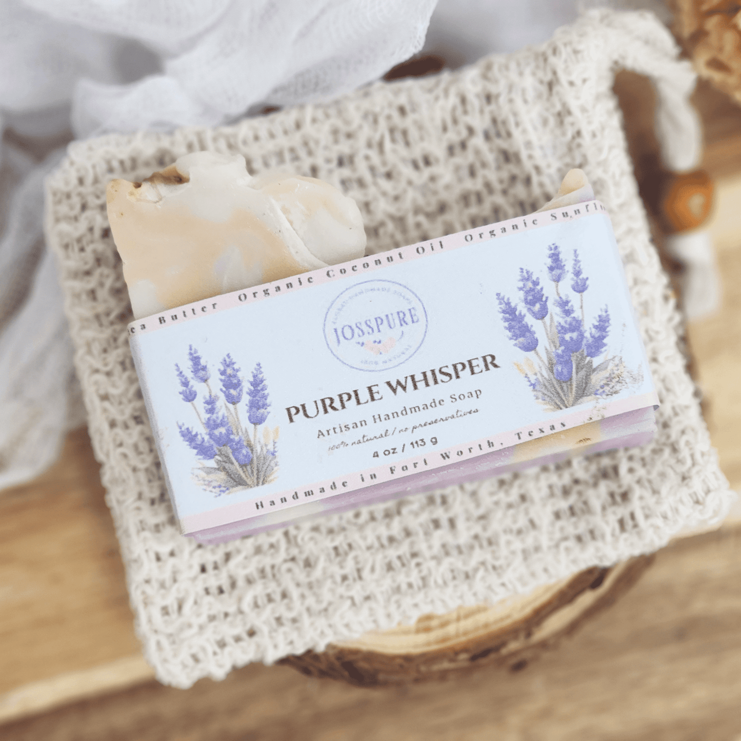 Lavender Mild Shea Butter Soap by JOSSPURE artisan handmade soap with organic ingredients on a natural soap pouch