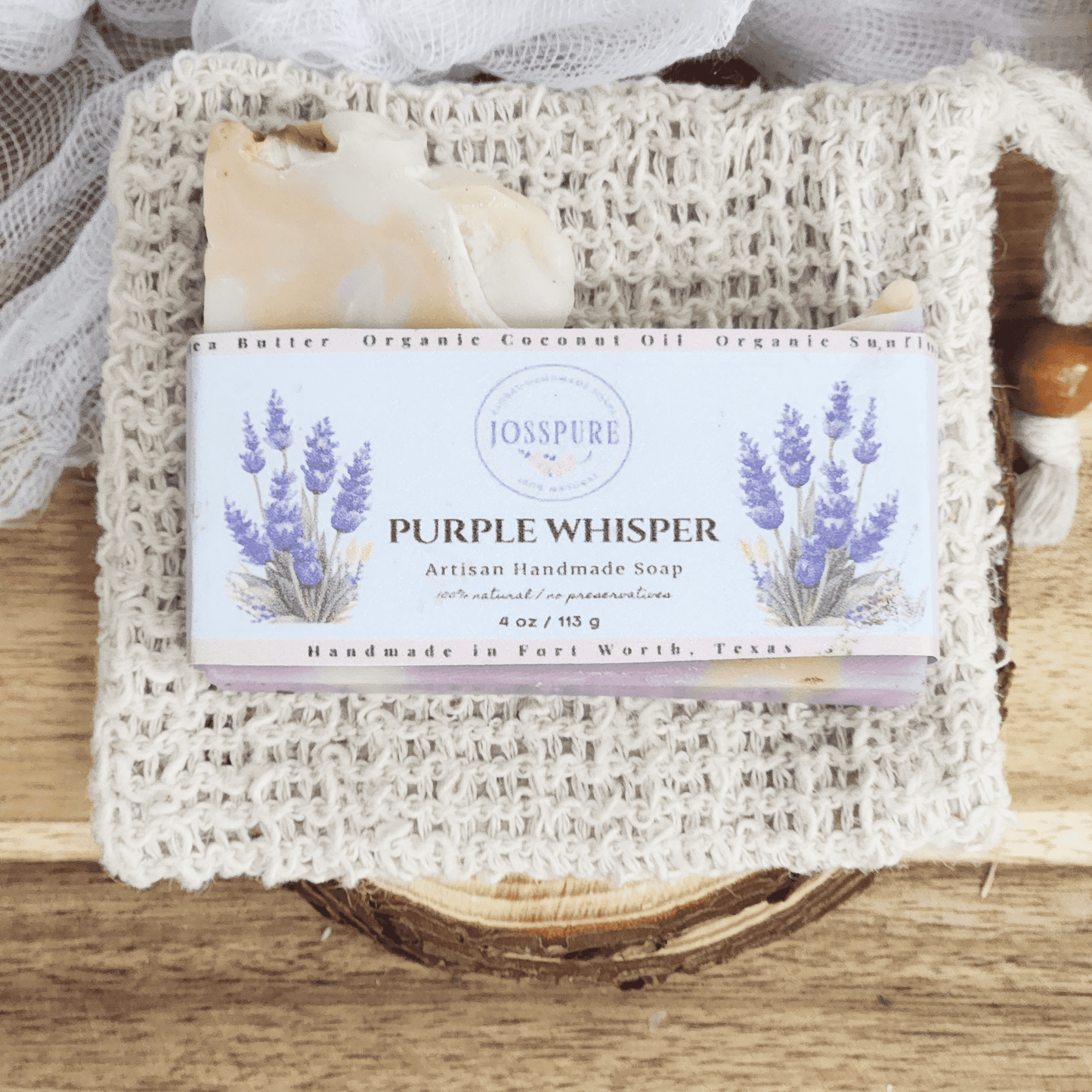 JOSSPURE Lavender Mild Shea Butter Soap Purple Whisper artisan handmade natural soap bar on textured cloth