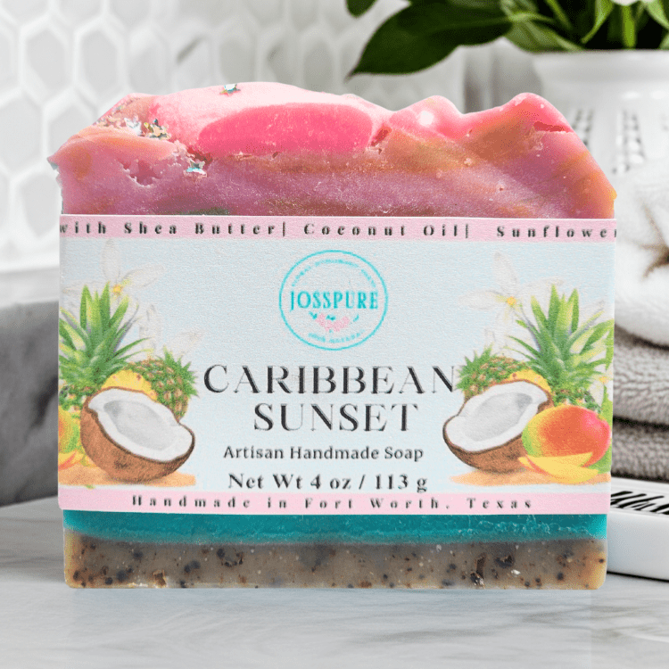 Mango Pineapple Coconut summer shea butter soap handmade by JOSSPURE with tropical fruit design and layered colors