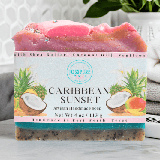 Mango Pineapple Coconut summer shea butter soap handmade by JOSSPURE with tropical fruit design and layered colors