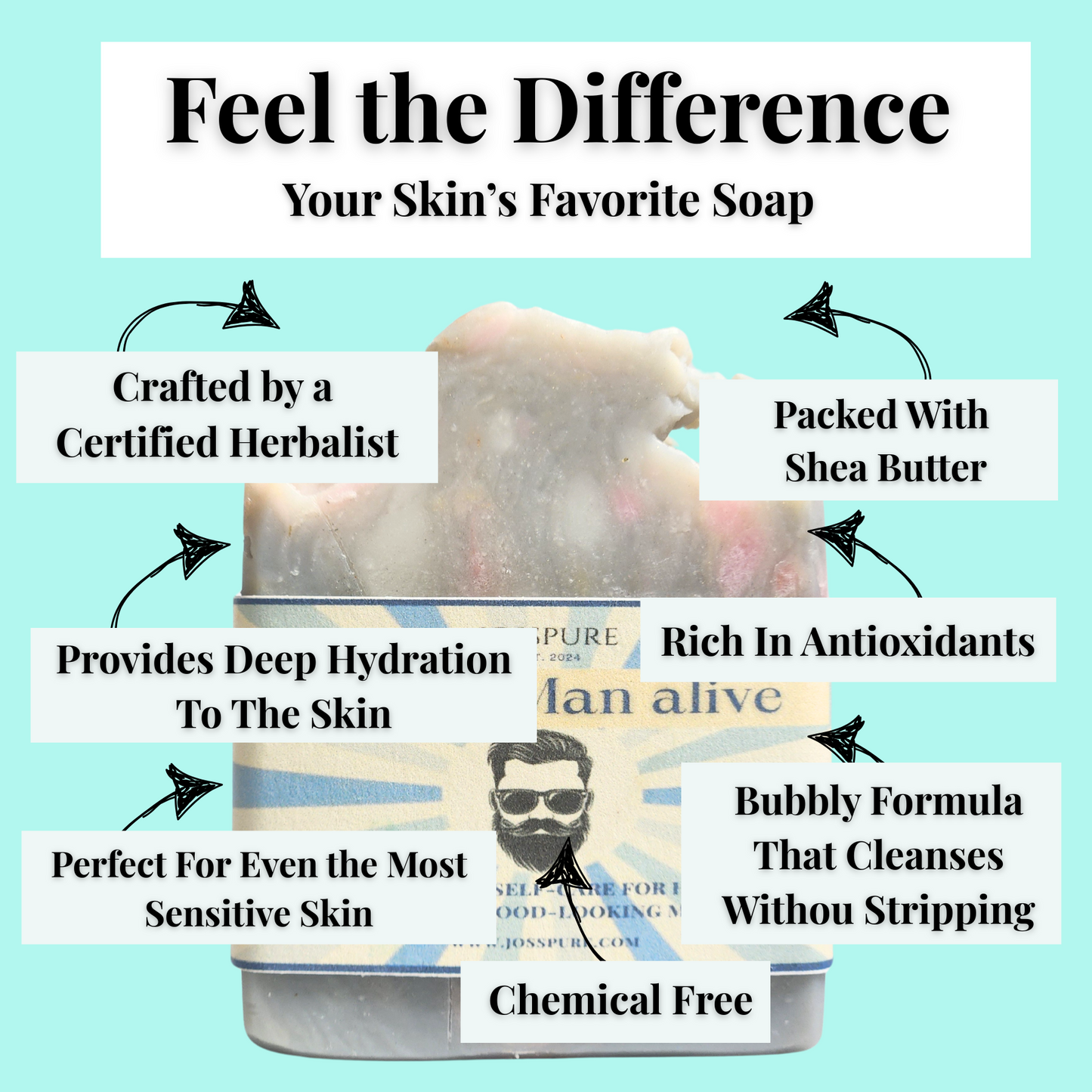 mens bergamot mild shea butter soap by JOSSPURE handmade soap with deep hydration and antioxidant benefits