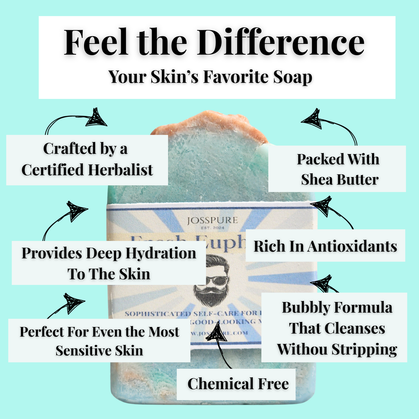 JOSSPURE mens fresh mild shea butter soap handcrafted with shea butter for deep hydration and sensitive skin
