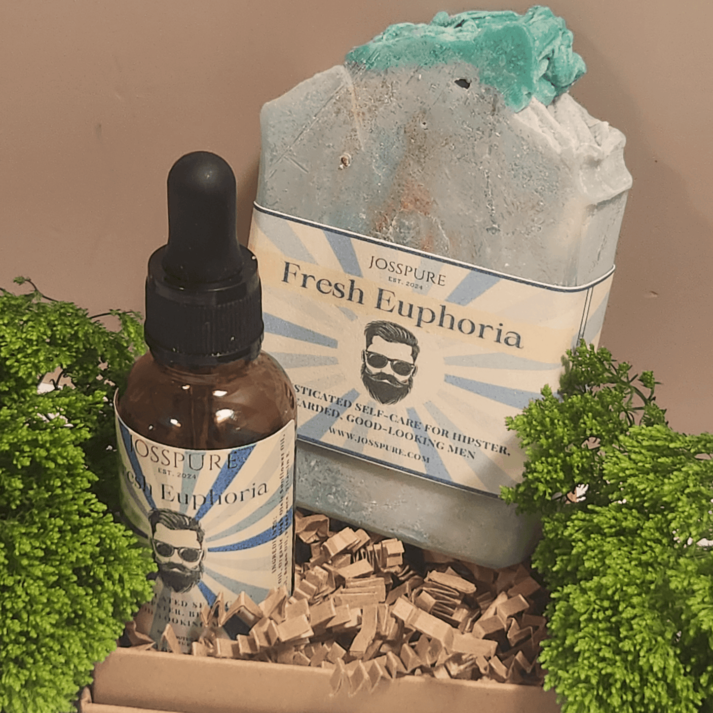 JOSSPURE handmade soap and shea butter oil bottle in mens gift set bundle with natural greenery