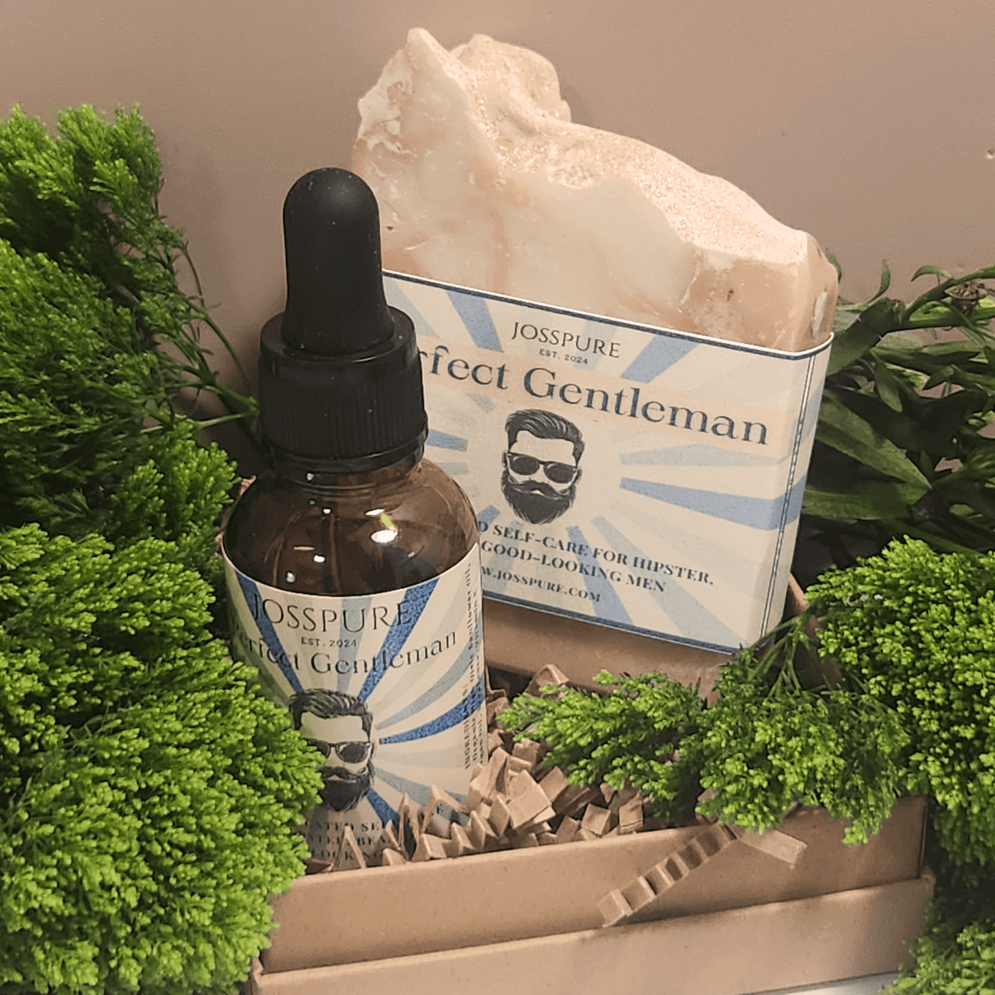 JOSSPURE Perfect Gentleman handmade soap and oil set surrounded by greenery mens gift set bundle