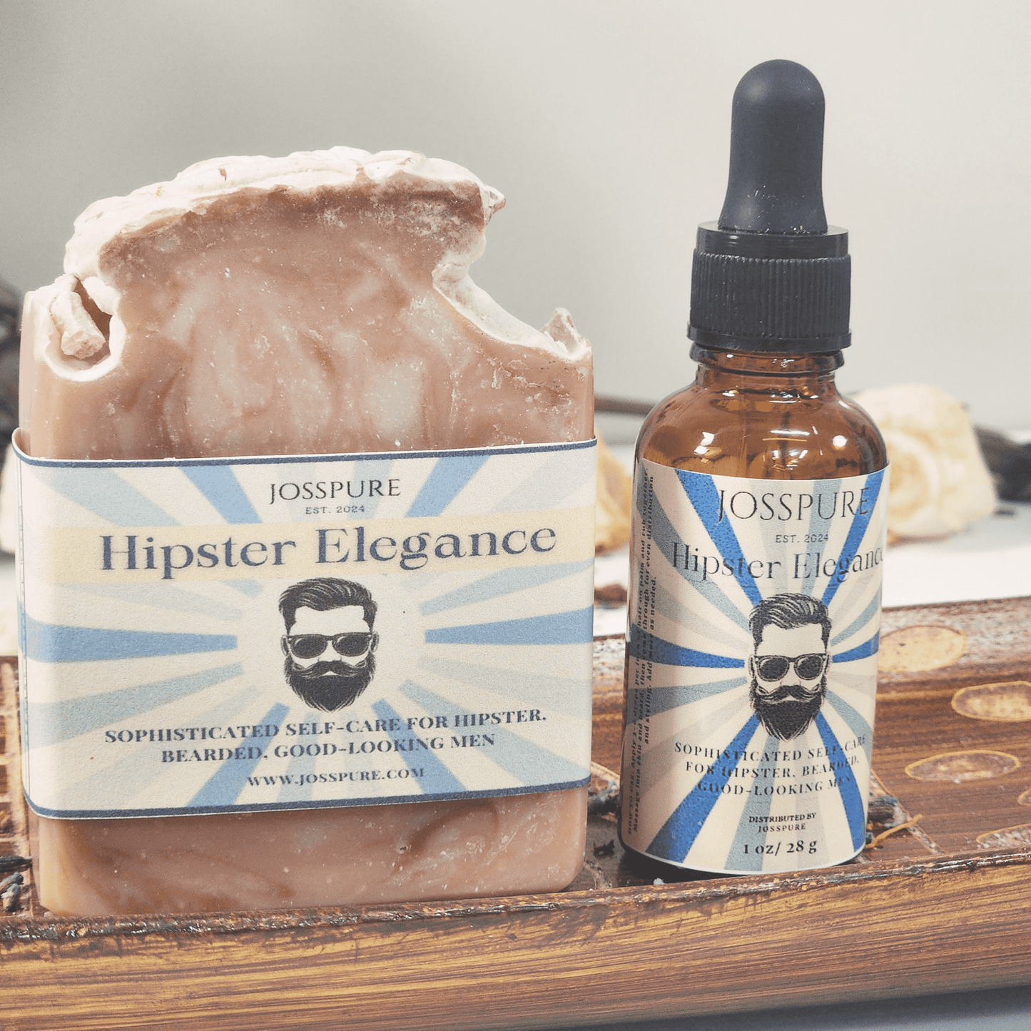 JOSSPURE Hipster Elegance mens gift set bundle with handmade shea butter soap and facial oil