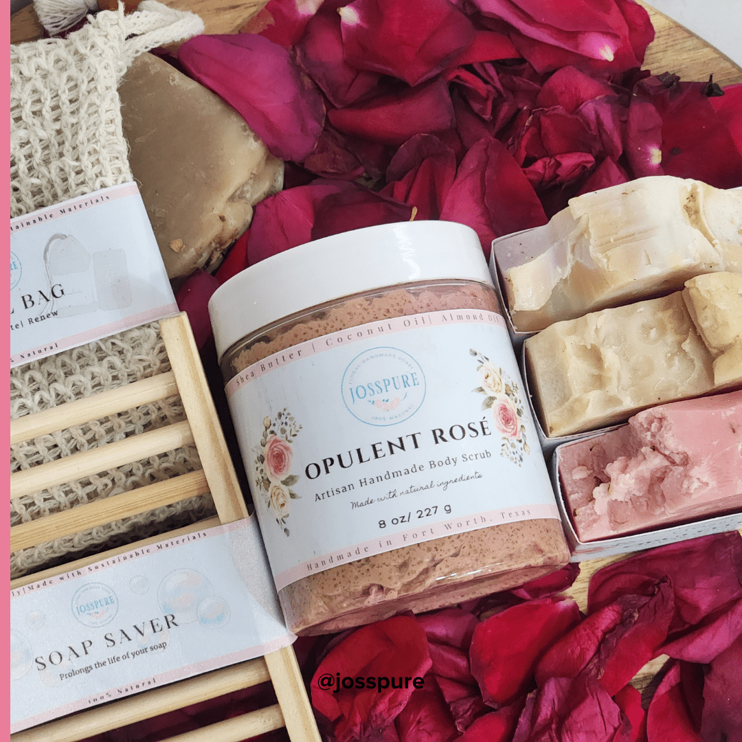 JOSSPURE Mothers day self-care basket gift set with handmade soap, body scrub, soap saver, and rose petals