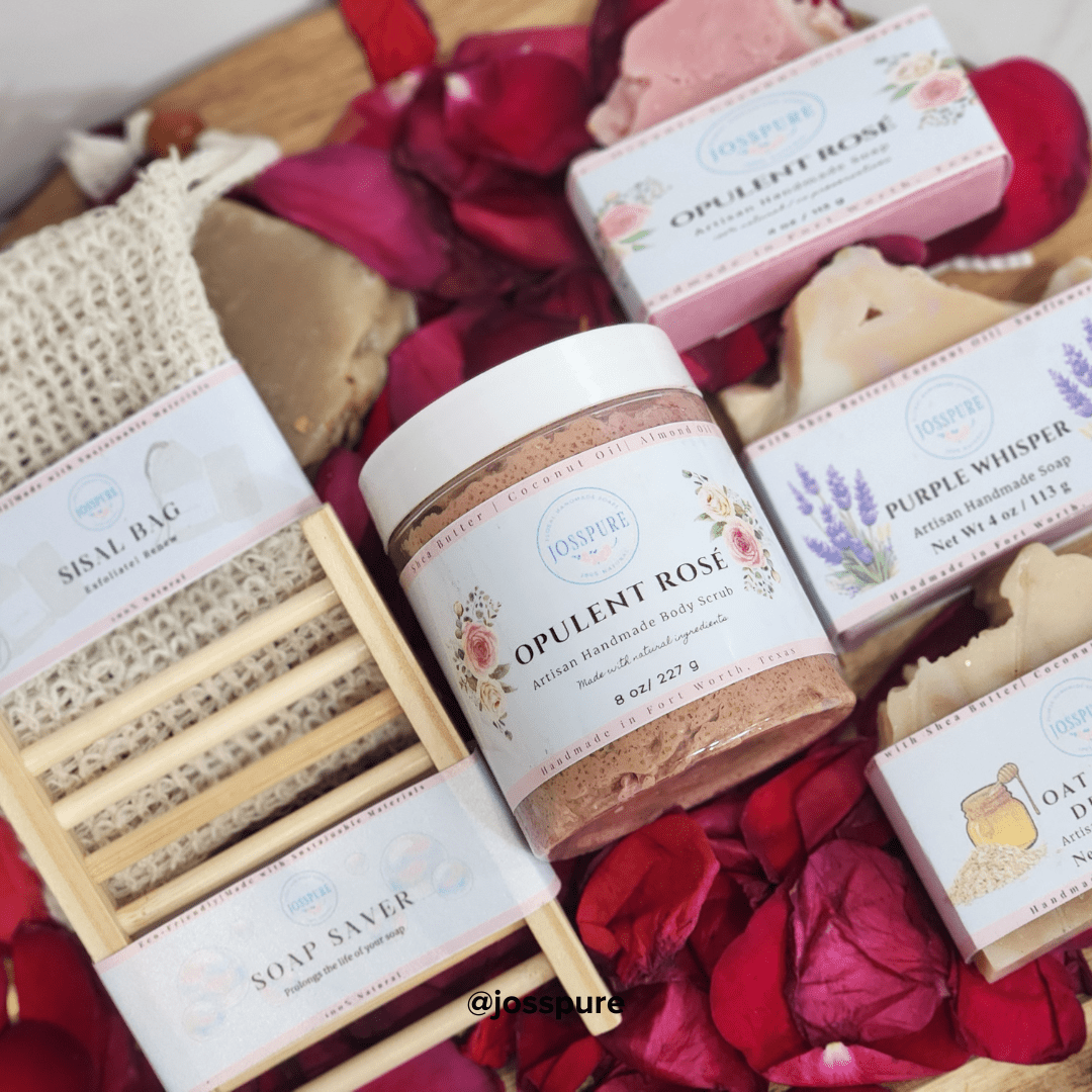 Mothers day self-care basket gift set with JOSSPURE handmade soap, body scrub, and natural body care products