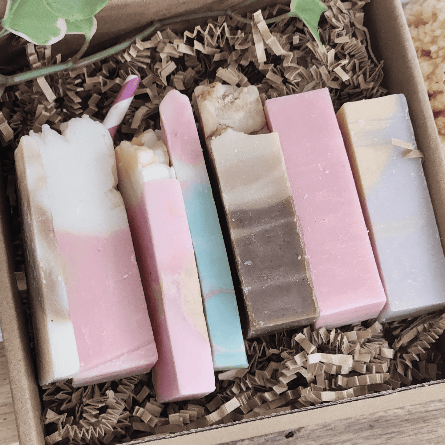 JOSSPURE handmade mystery soap sampler pack with six colorful natural soap bars in a gift box