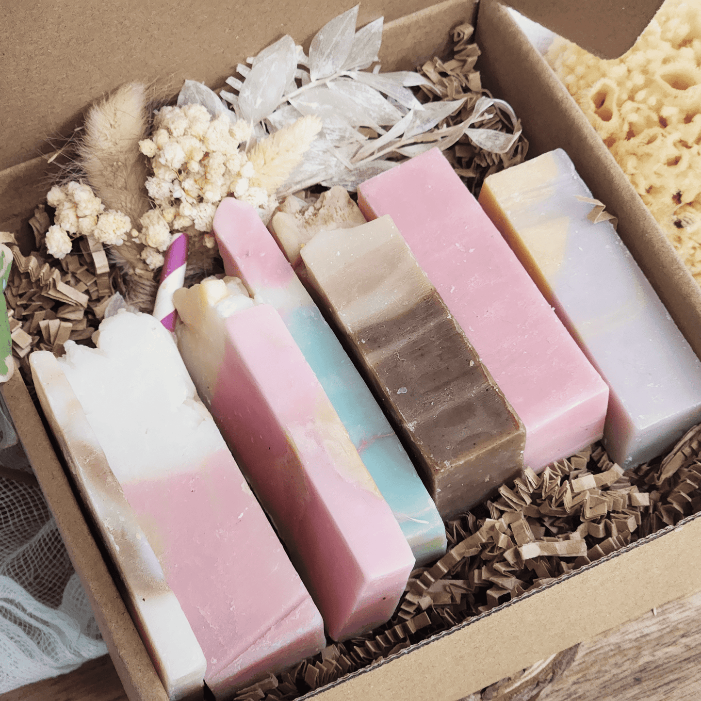 JOSSPURE mystery soap sampler pack with handmade colorful soap bars in a decorative gift box