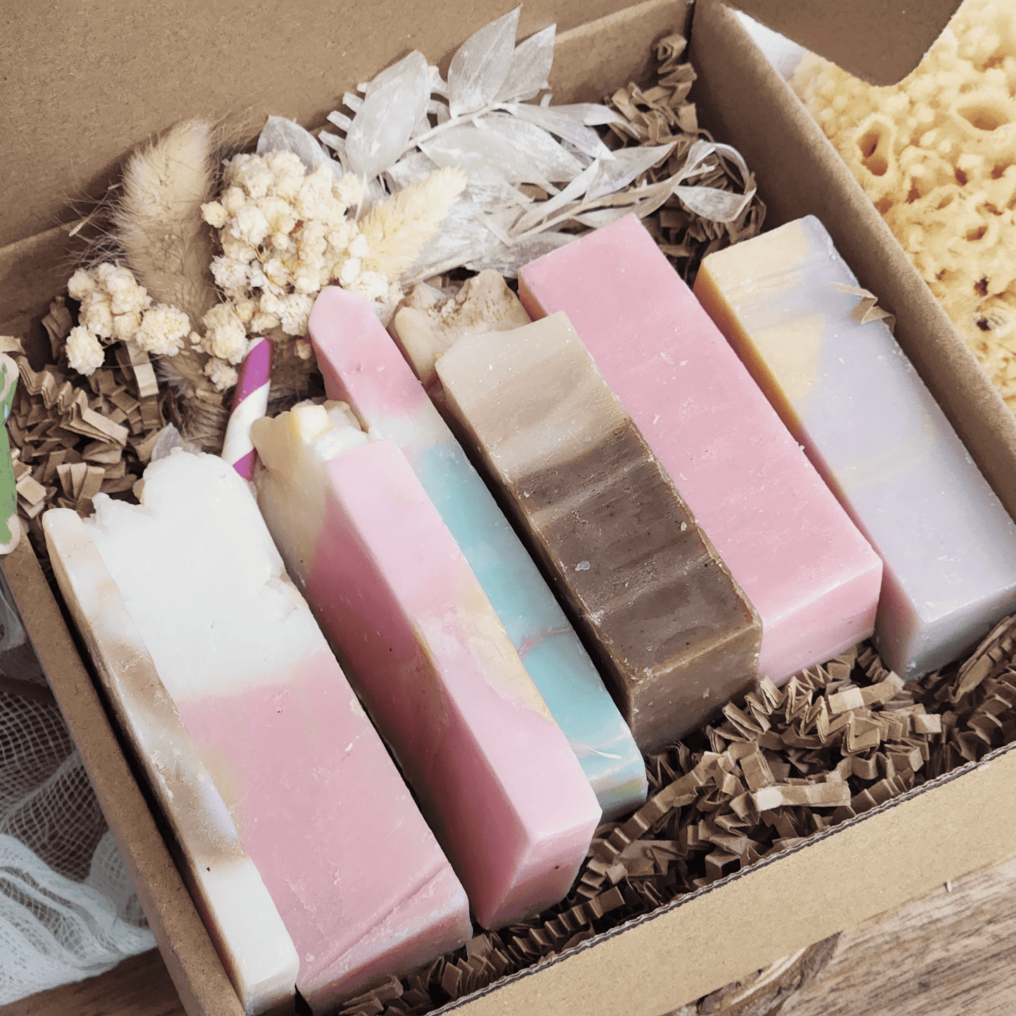 JOSSPURE mystery soap sampler pack with handmade colorful soap bars in a decorative gift box