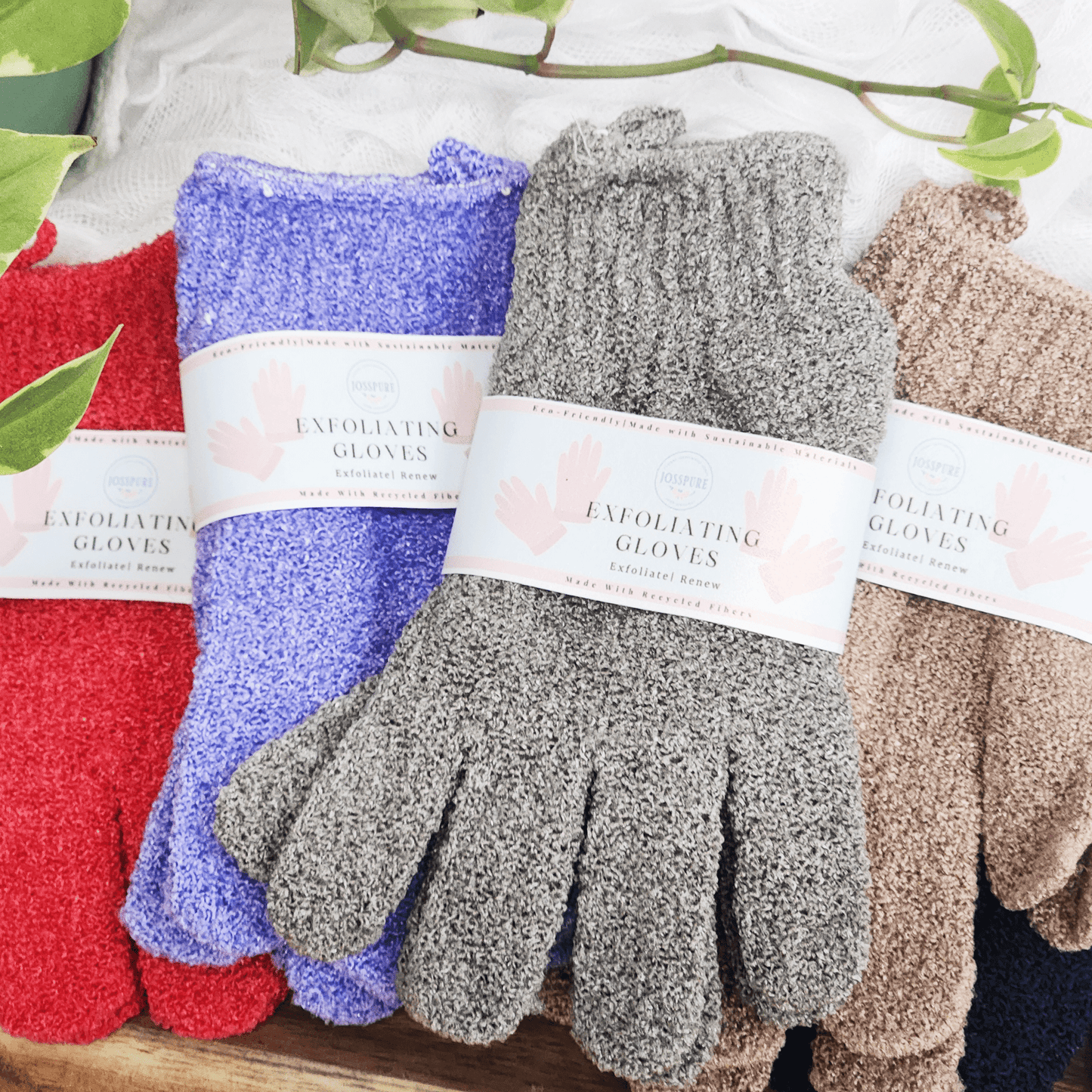JOSSPURE natural exfoliating gloves in multiple colors for gentle skin exfoliation
