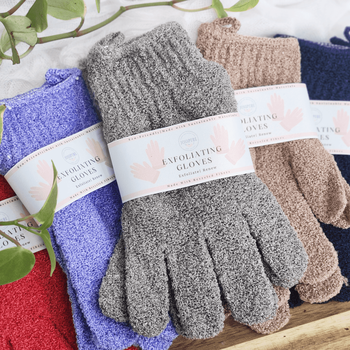 JOSSPURE handmade natural exfoliating gloves in gray, purple, brown, and navy for gentle skin exfoliation