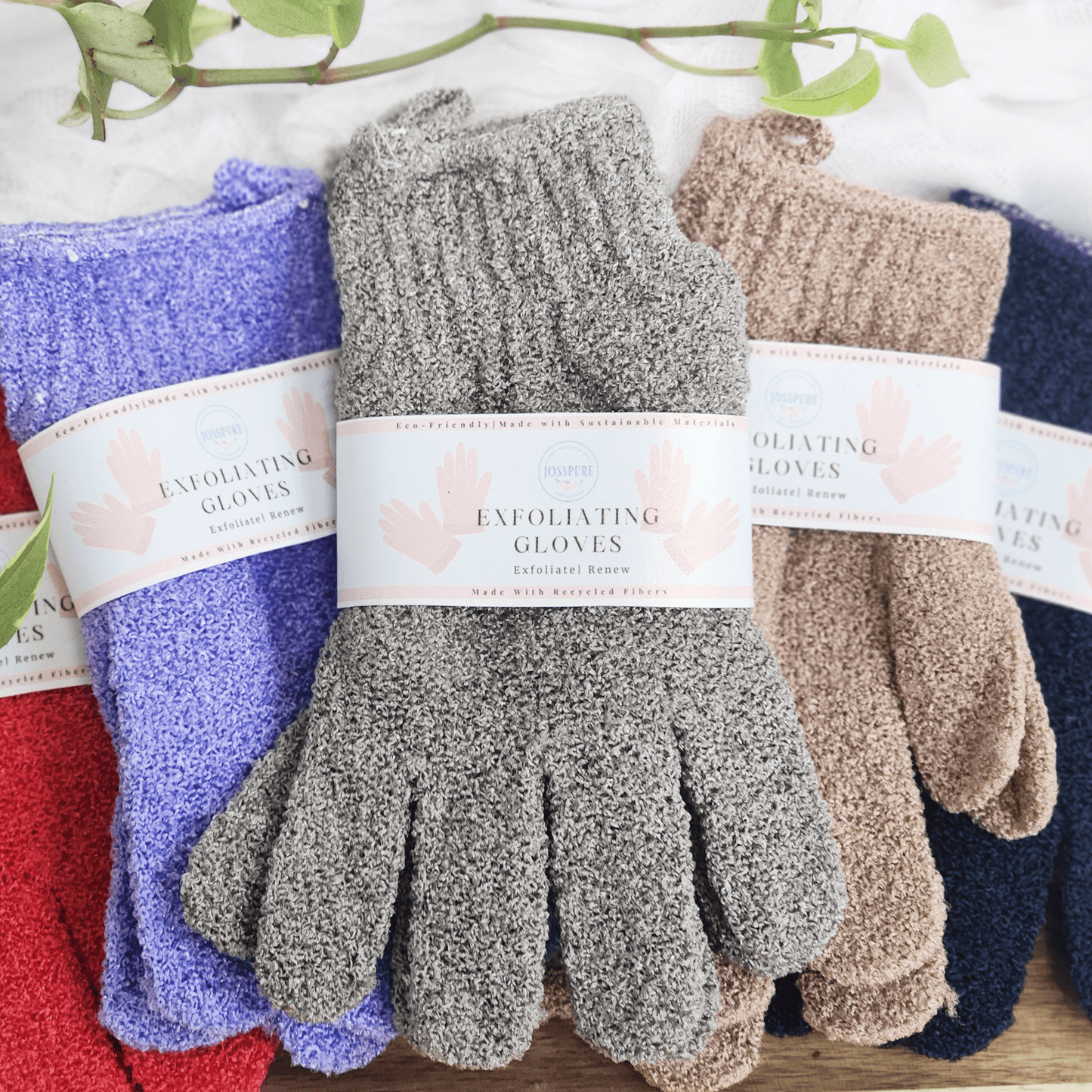 JOSSPURE natural exfoliating gloves in various colors made for gentle skin care and exfoliation