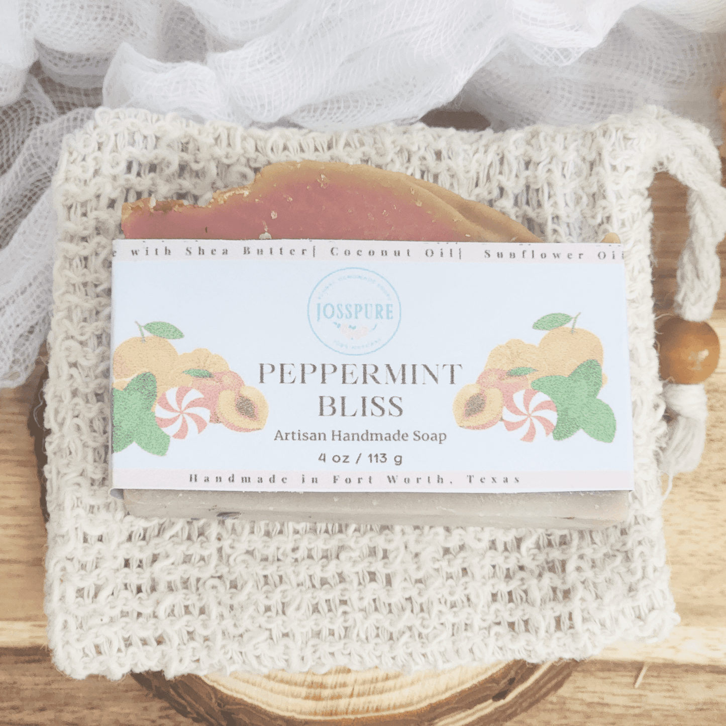 JOSSPURE peppermint mild shea butter soap artisan handmade bar with natural ingredients in beige net bag