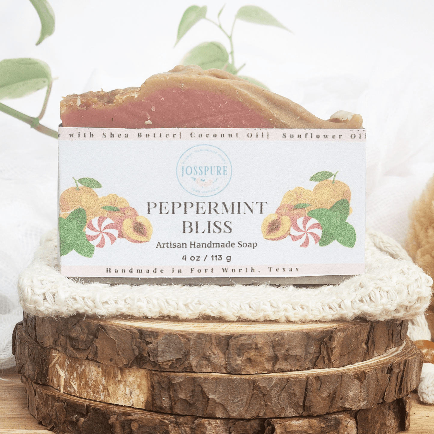 JOSSPURE peppermint mild shea butter soap bar with natural ingredients on rustic wooden surface