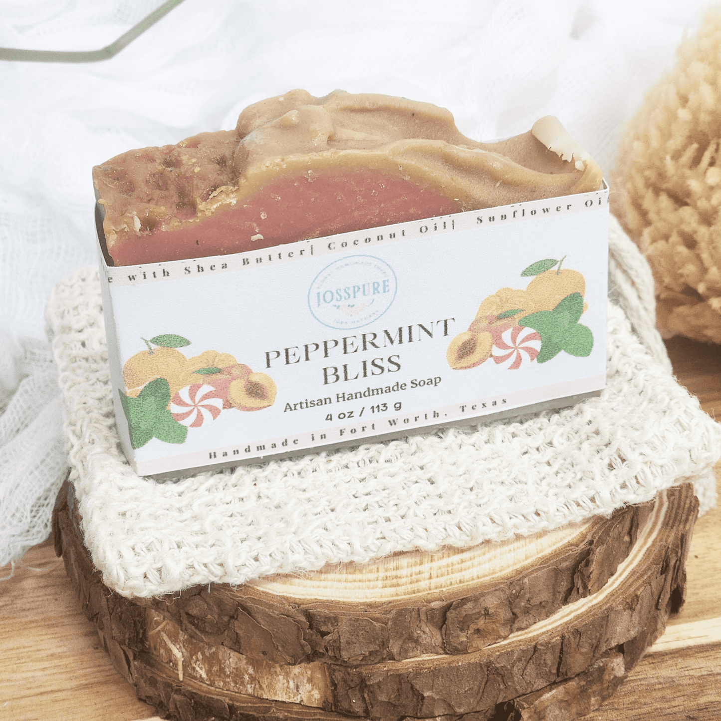 JOSSPURE peppermint mild shea butter soap handmade artisan bar with natural ingredients and decorative packaging