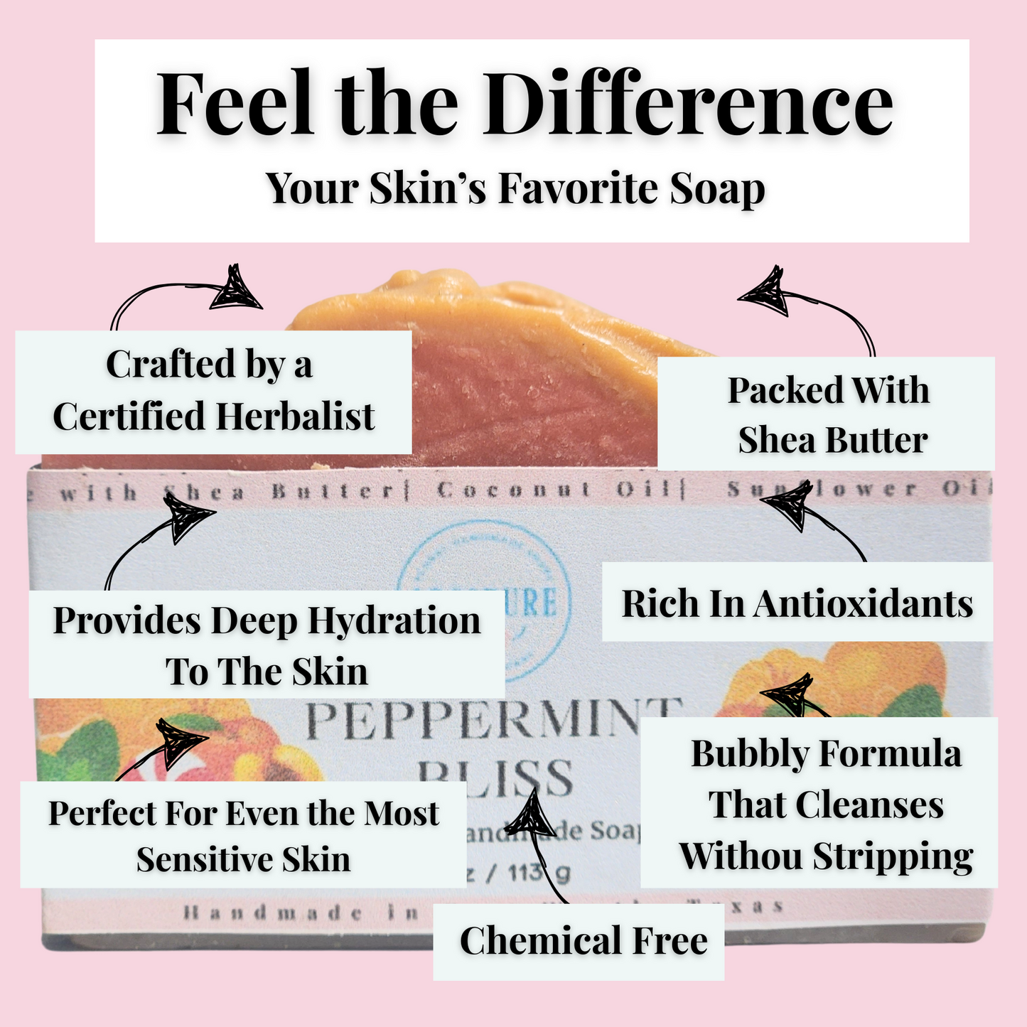 JOSSPURE peppermint mild shea butter soap handmade with natural ingredients for sensitive skin
