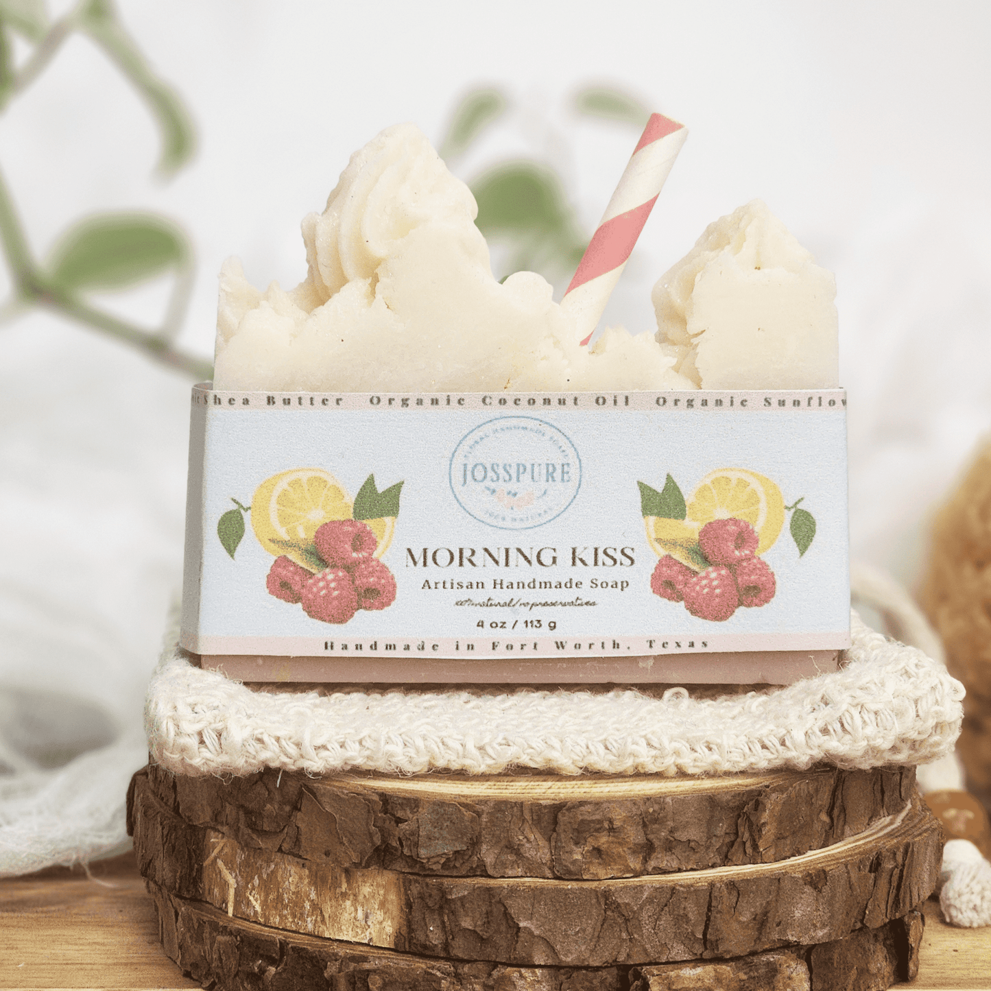 JOSSPURE raspberry lemonade mild shea butter soap with natural ingredients and decorative straw