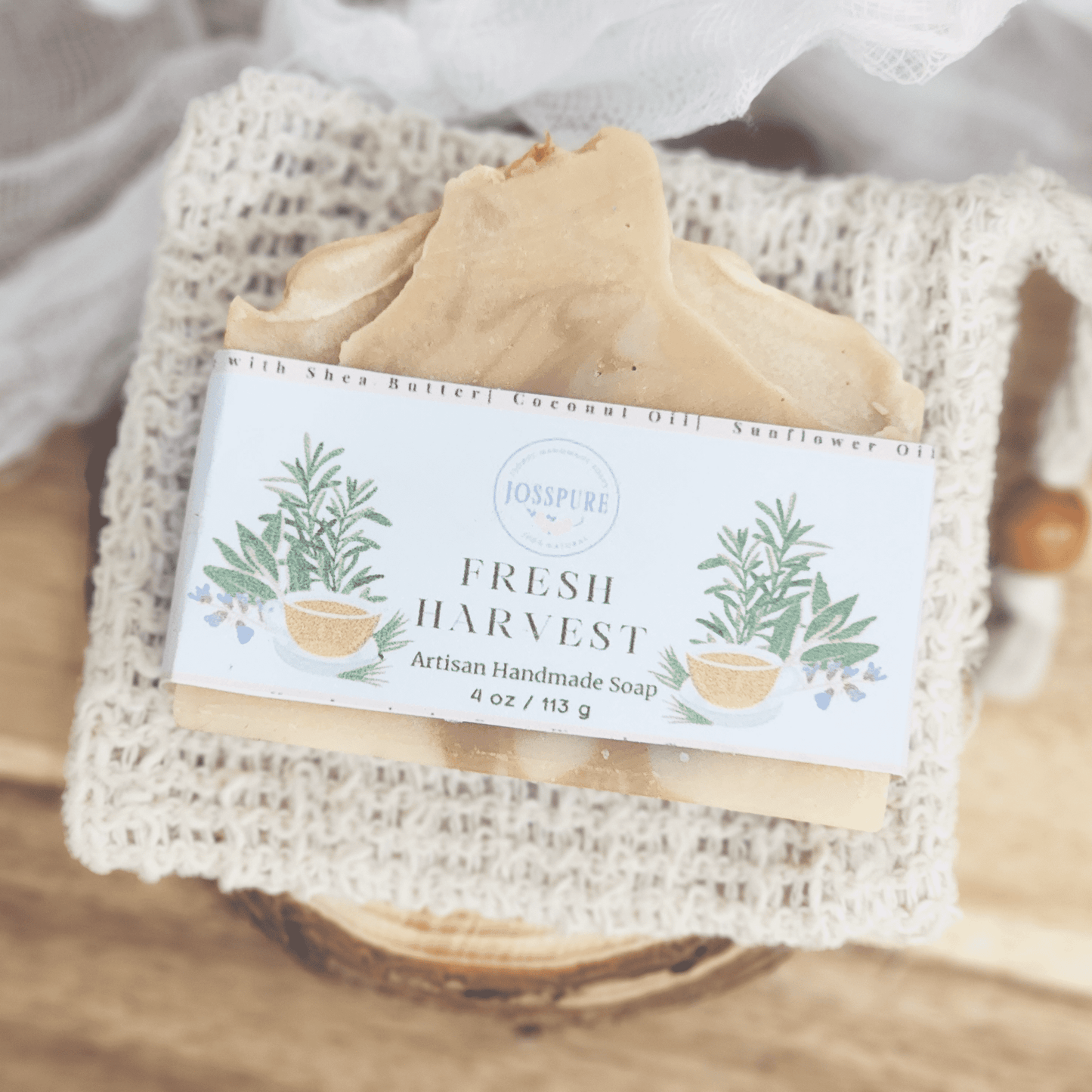 JOSSPURE rosemary lemongrass mild shea butter soap handmade artisan bar on knitted cloth