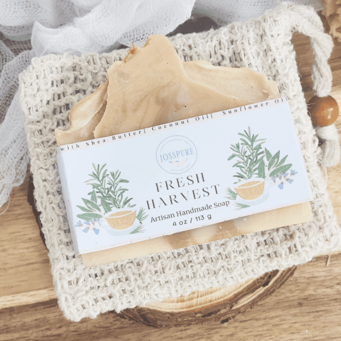 JOSSPURE rosemary lemongrass mild shea butter soap artisan handmade bar wrapped in natural fiber pouch