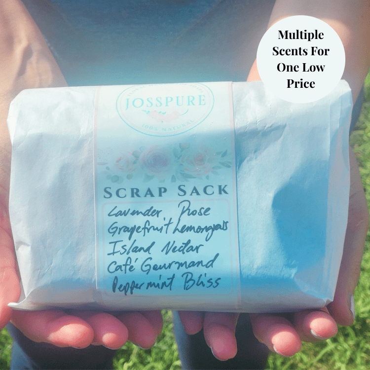 JOSSPURE soap end bundle wrapped in white paper with multiple scent options label held in hands