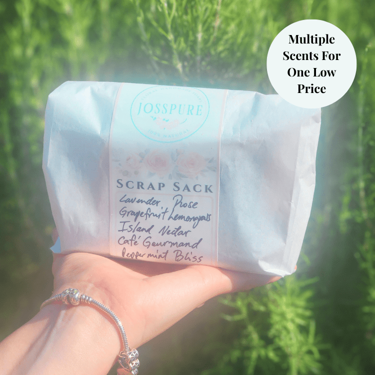 JOSSPURE handmade soap end bundle wrapped in white paper featuring multiple scents for one low price