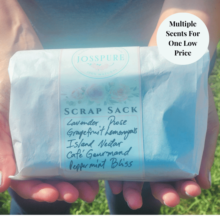 JOSSPURE handmade soap end bundle wrapped in white paper with multiple scents listed on label