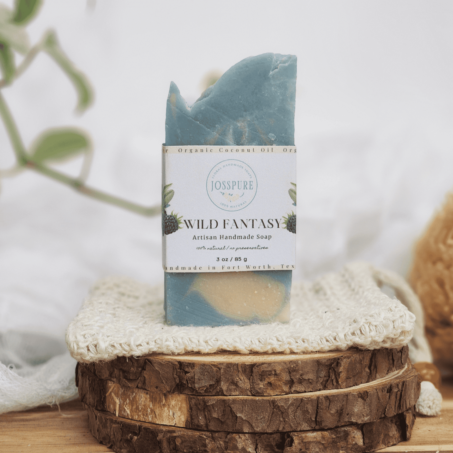 JOSSPURE Travel Size Mild Shea Butter Soap Wild Fantasy handmade blue and beige bar on natural wood and knitted cloth