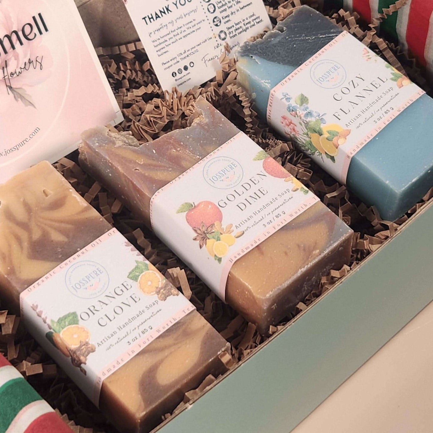 Womens Fall Gift Set with JOSSPURE handmade natural shea butter soap bars in decorative packaging