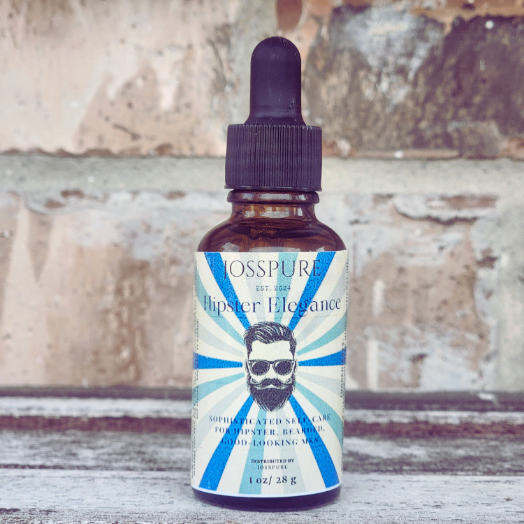 JOSSPURE Hipster Elegance mens beard and tattoo oil in a glass dropper bottle with a vintage design