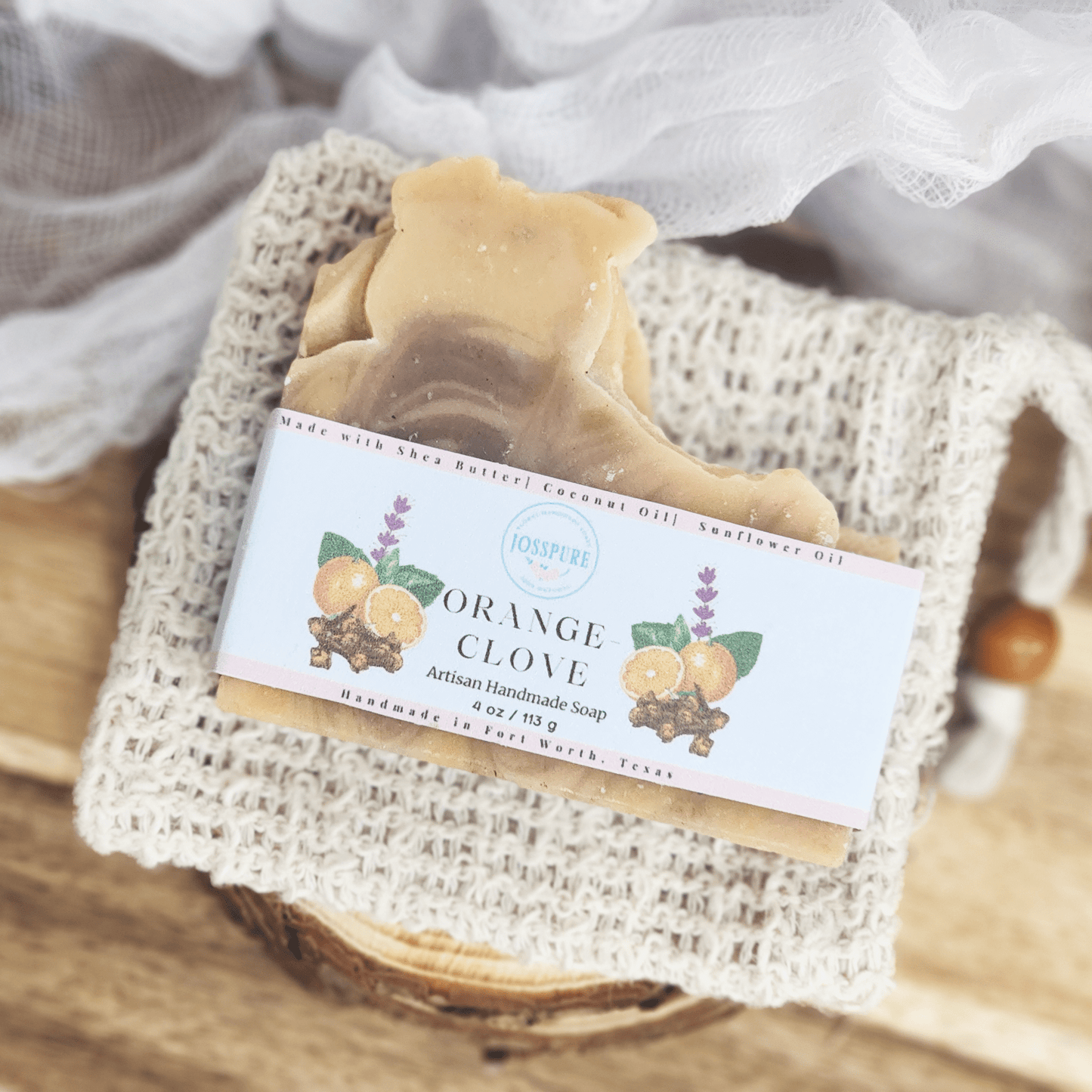 JOSSPURE orange clove patchouli mild shea butter soap handmade natural soap bar with fruit and herb illustration