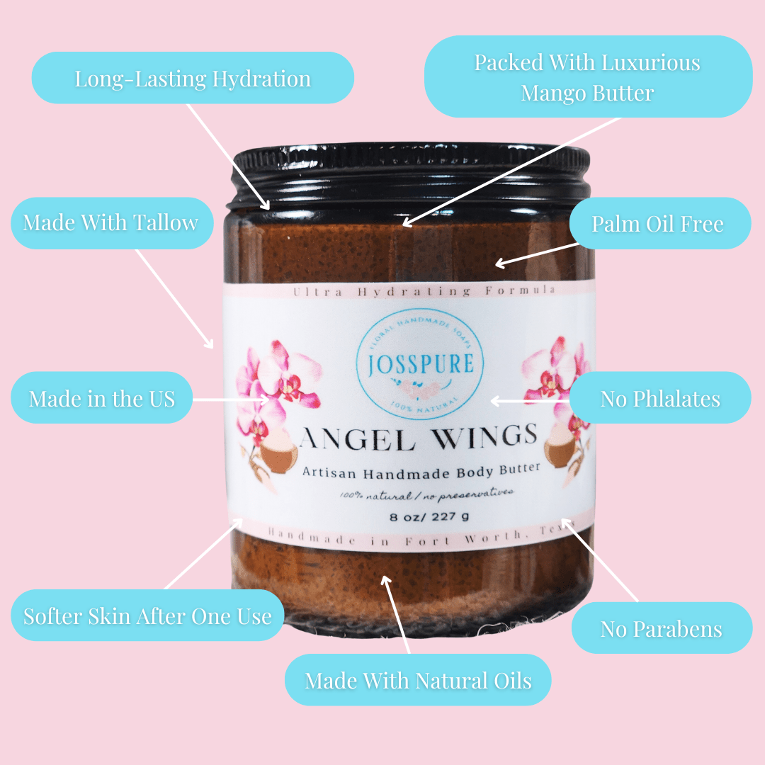 JOSSPURE orchid sea salt mango butter whipped body butter in glass jar with floral label for soft skin hydration