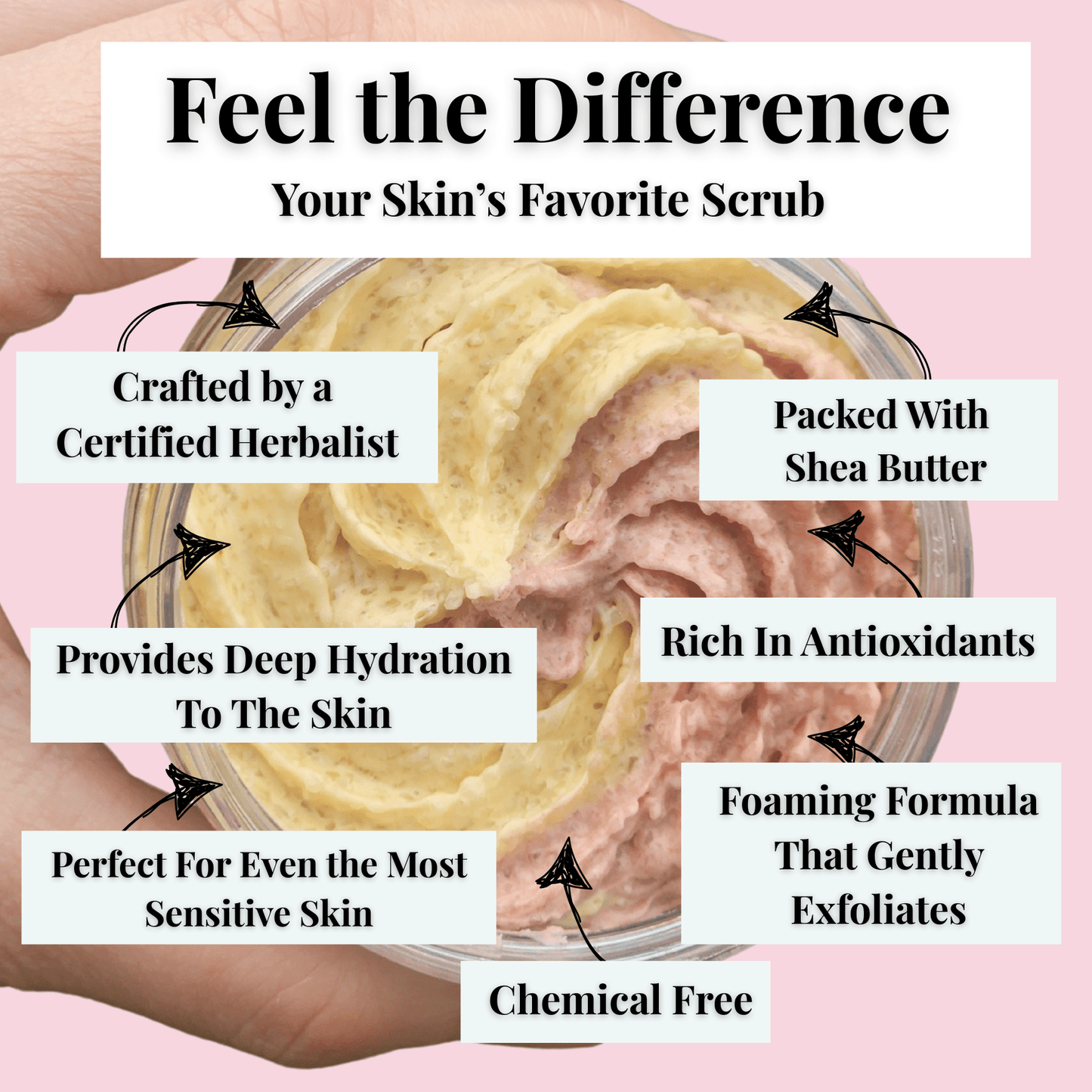 Peony & Lily sugar scrub jar held in hand showing creamy dual-tone texture with natural skincare benefits