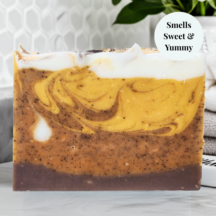 Pumpkin cinnamon soap bar with swirls of warm colors and a creamy texture