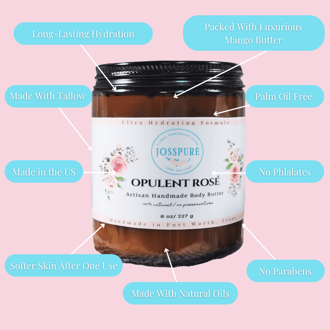 JOSSPURE opulent rose mango butter whipped body butter jar with natural oils and moisturizing benefits