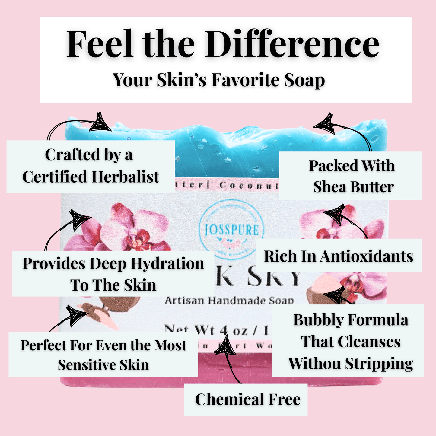 JOSSPURE sea salt shea butter summer soap handcrafted by certified herbalist with deep hydration and antioxidant benefits