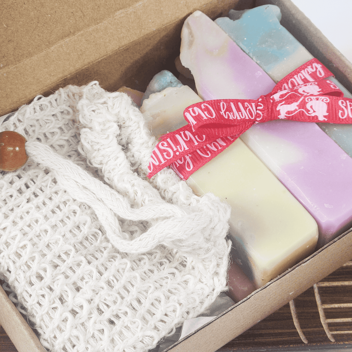 Soap Sampler Gift Set Shea Butter Soap with handmade colorful bars and a white exfoliating soap pouch