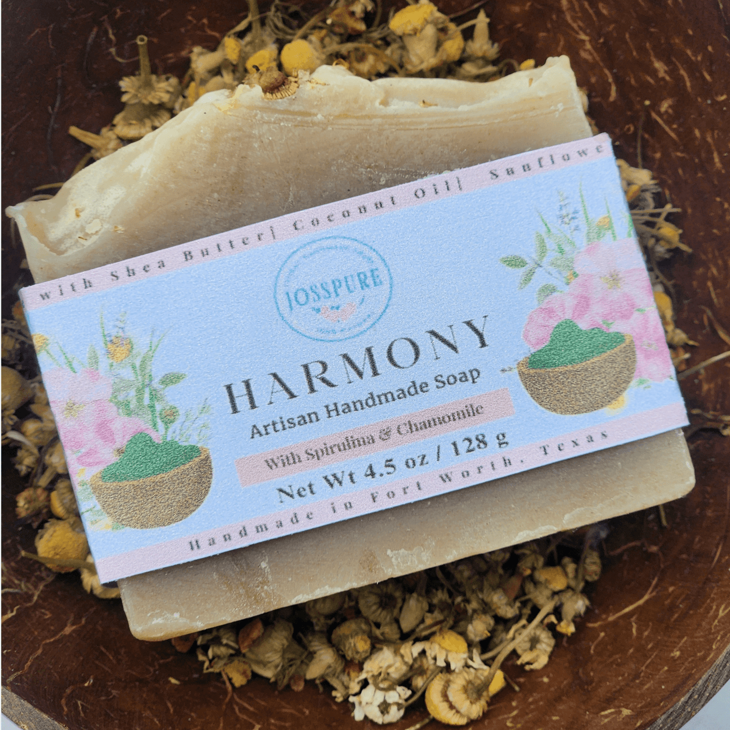 JOSSPURE Harmony Artisan Handmade Green All Natural Soap with Spirulina and Chamomile in wooden bowl