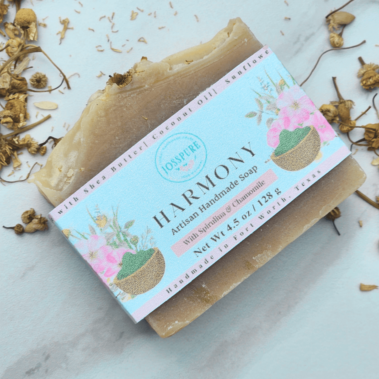 Green All Natural Soap Harmony artisan handmade soap bar with chamomile and shea butter by JOSSPURE
