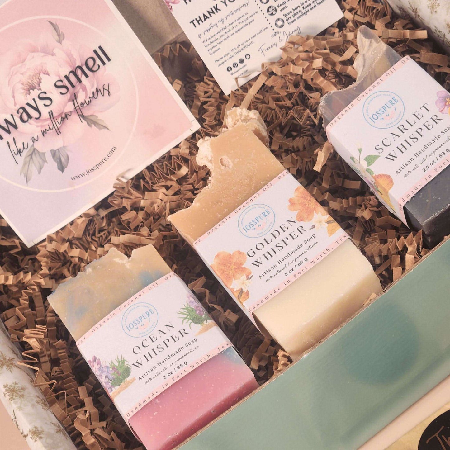 JOSSPURE womens shea butter gift set with handmade natural soaps in ocean, golden, and scarlet whisper scents
