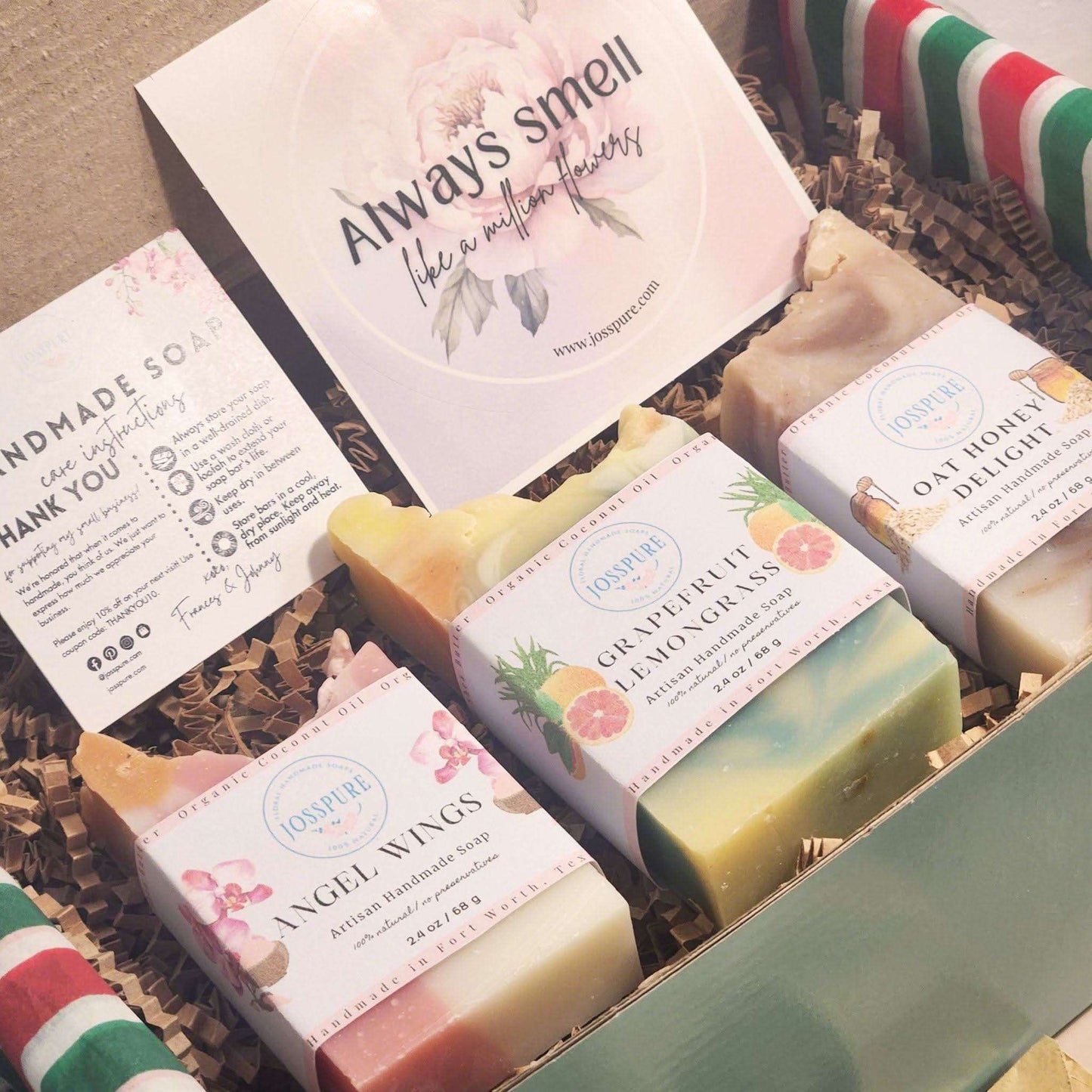Womens soap gift set with handmade shea butter soaps including grapefruit lemongrass and oat honey delight