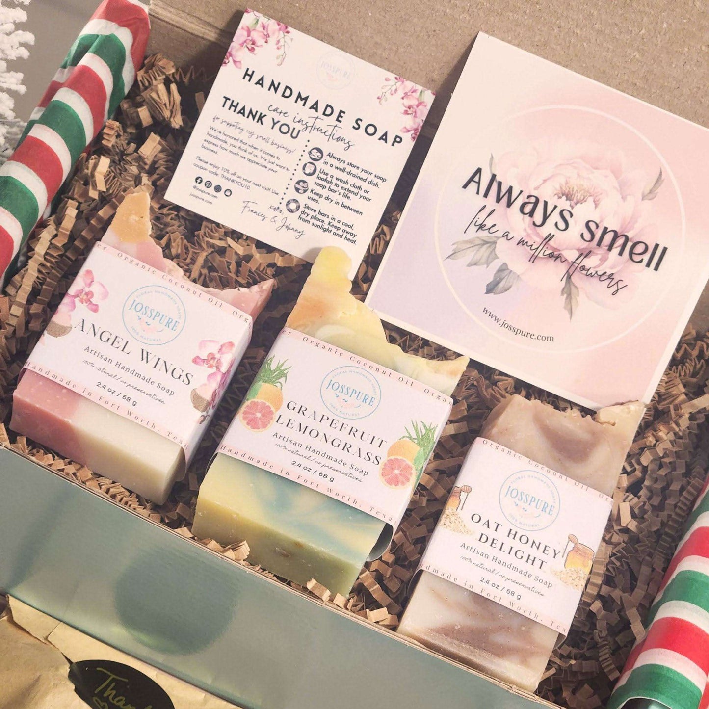 Womens soap gift set with JOSSPURE handmade shea butter soaps in Angel Wings, Grapefruit Lemongrass, and Oat Honey