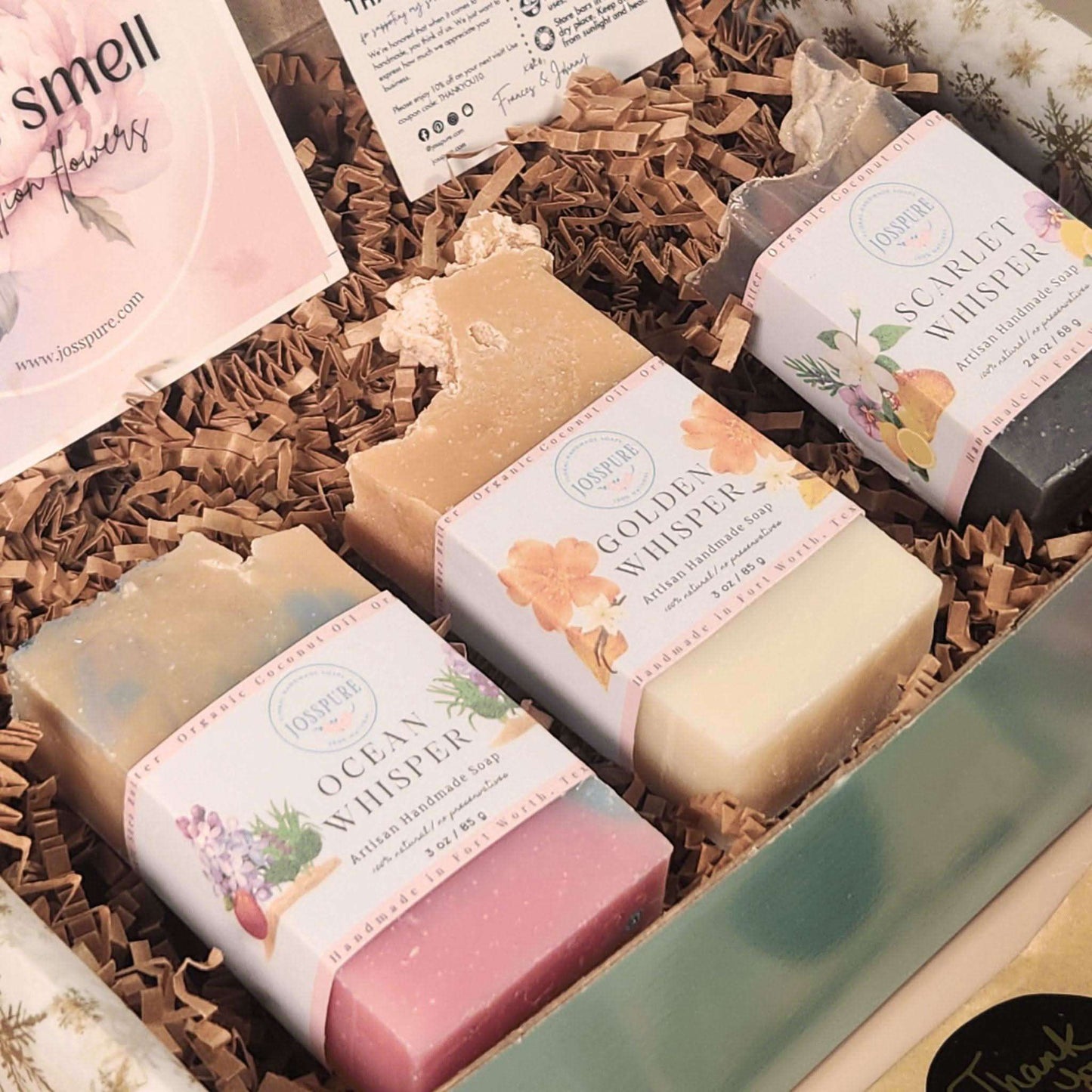 JOSSPURE womens shea butter gift set with handmade natural soap bars in floral packaging
