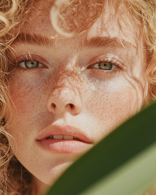 Close-up of a freckled woman with clear skin showcasing apple cider vinegar for skin balance benefits