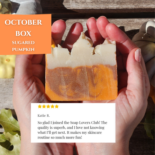 October self-care subscription box featuring a sugared pumpkin soap and customer testimonial