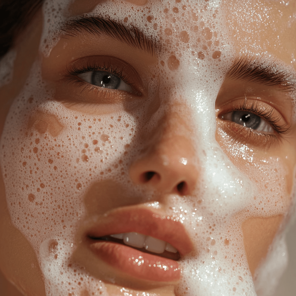 Close-up of a face covered in soap foam illustrating artisan soap labeling laws and cleanliness