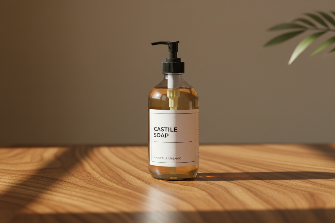 castile soap bottle in a wooden table
