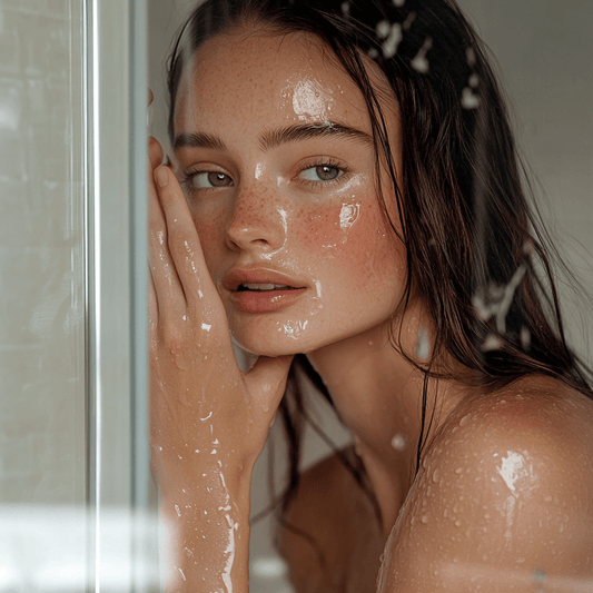 Close-up of woman with glowing skin after using artisan soap bars in shower for natural skincare